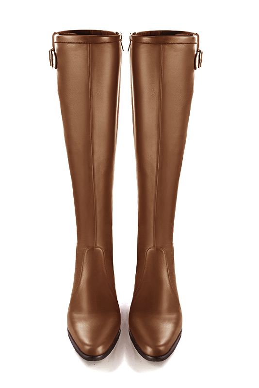 Caramel brown women's knee-high boots with buckles. Round toe. Low leather soles. Made to measure. Top view - Florence KOOIJMAN